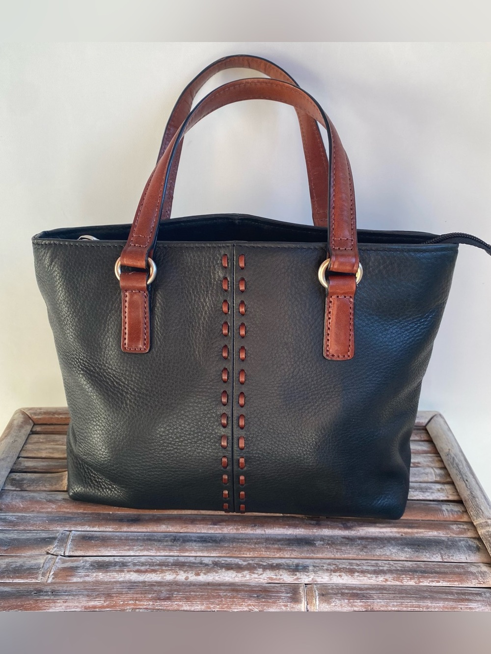 Vintage Y2K Fossil handbag black pebbled leather brown whipstitch mini tote bag